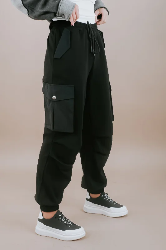 Mixed Fabric Cargo Joggers, Black