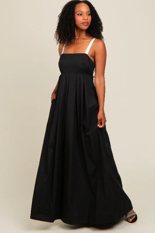 Black Square Neck Contrast Strap Back Cutout Maxi Dress