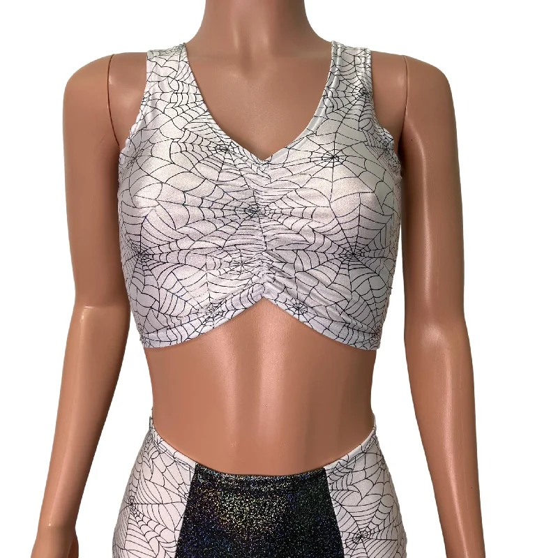 SALE - MEDIUM Holographic Spider Web on White Ruched Crop Top Tank