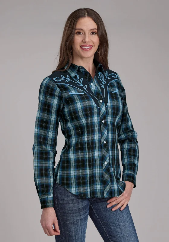 Roper Womens 2128 Windowpane Plaid Multi Blue Cotton Blend L/S Shirt